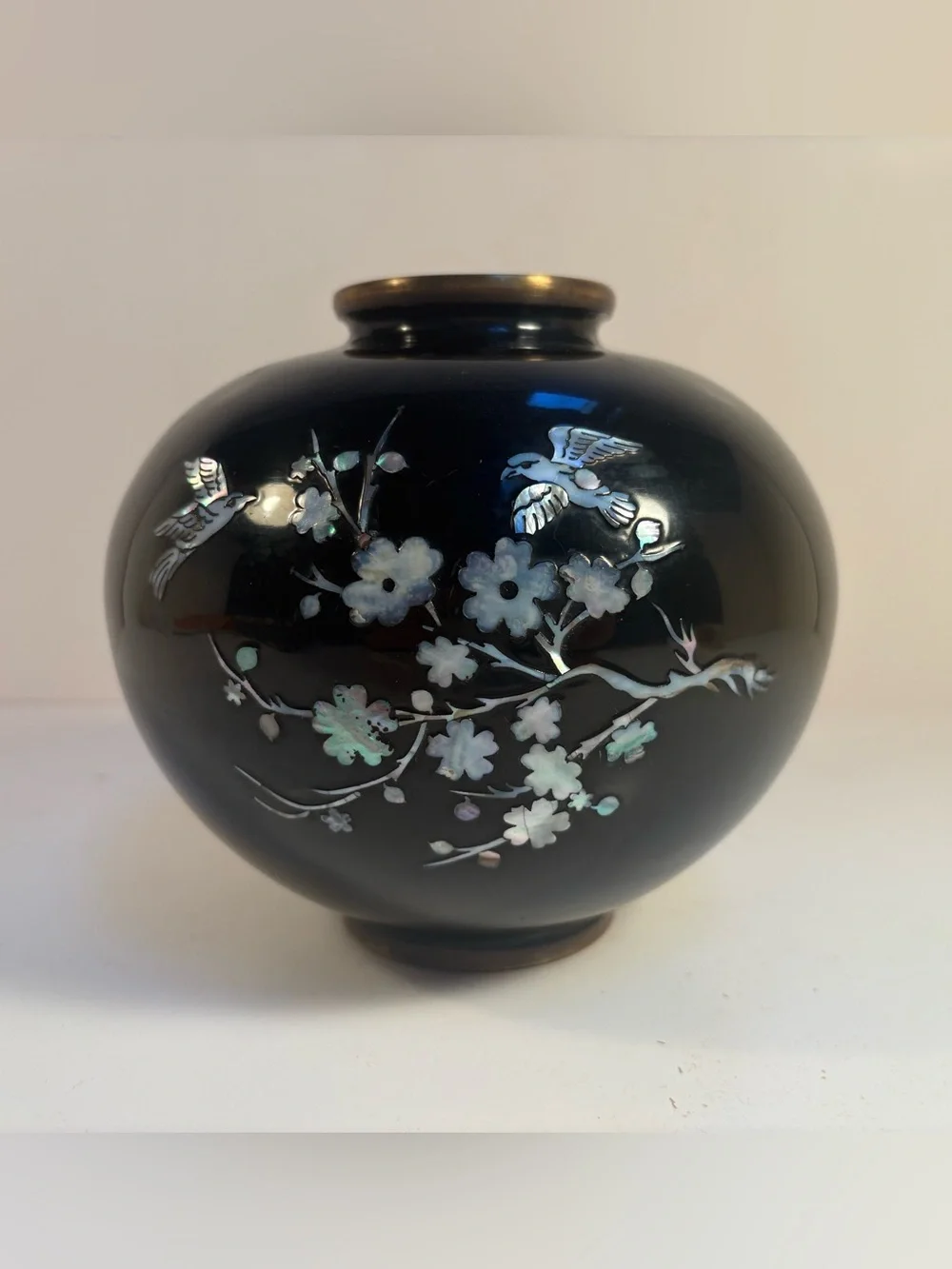 Black Enamel on Brass vase with Birds & Floral Abalone Shell inlay